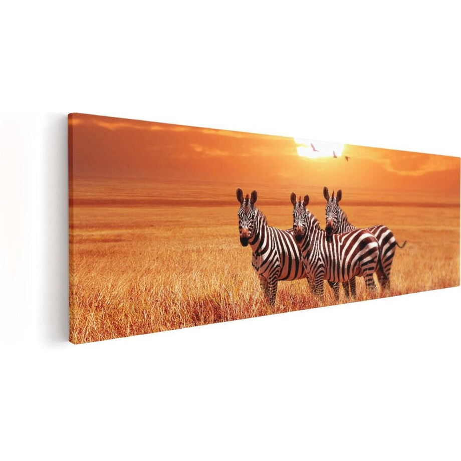 Artaza Canvas Schilderij Zebra - 120x40 cm - Groot - Wanddecoratie Afrika - Muurdecoratie Zonsondergang - Schilderijen Op Canvas Dieren afbeelding 1