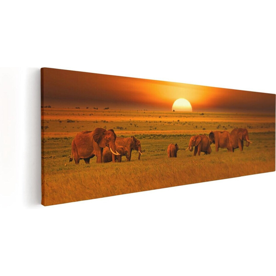 Artaza Canvas Schilderij Olifanten In Het Wild - Zonsondergang - 90x30 - Foto Op Canvas - Canvas Print afbeelding 1