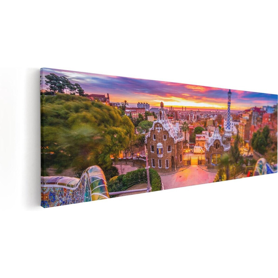 Artaza Canvas Schilderij Barcelona - 90x30 cm - Wanddecoratie Zonsondergang - Muurdecoratie Skyline - Schilderijen Op Canvas Stad afbeelding 1