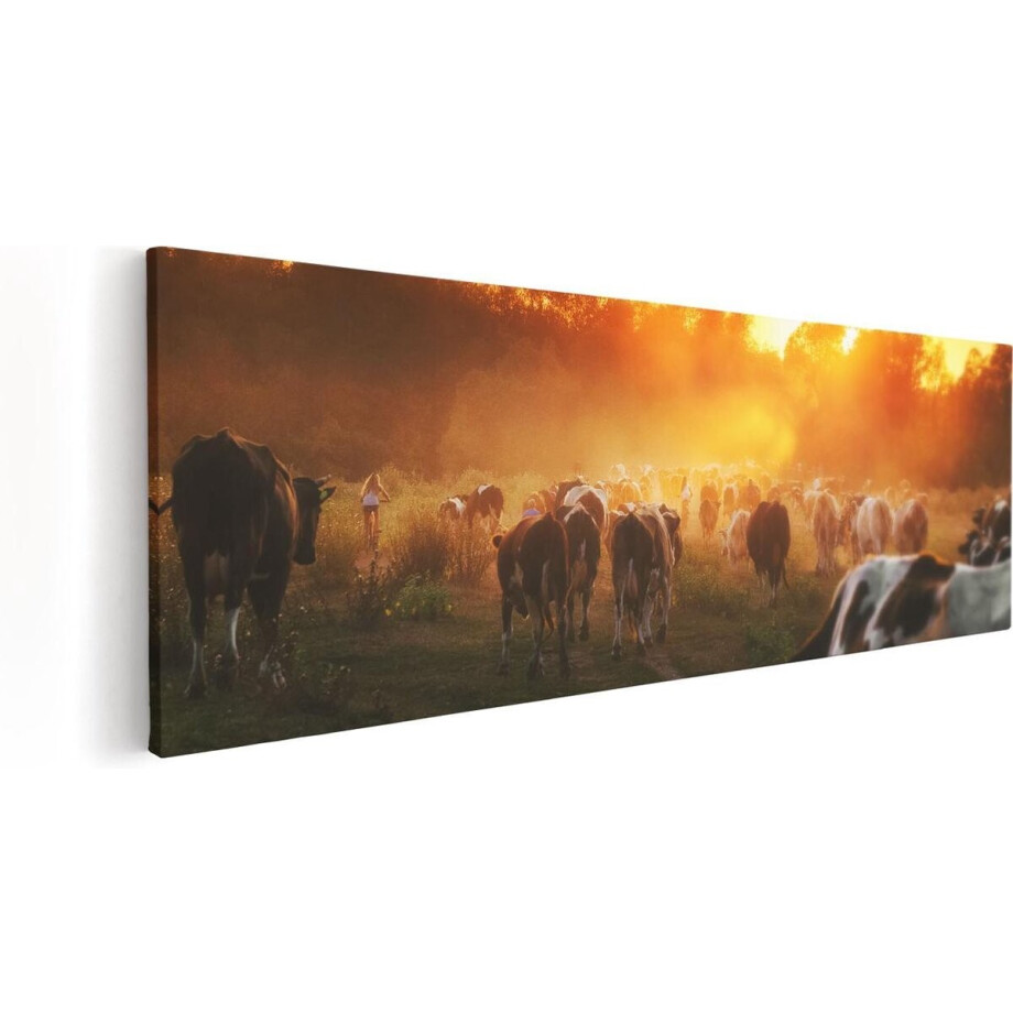 Artaza Canvas Schilderij Kudde Koeien In Weiland Bij Zonsondergang - 120x40 - Groot - Foto Op Canvas - Canvas Print afbeelding 1