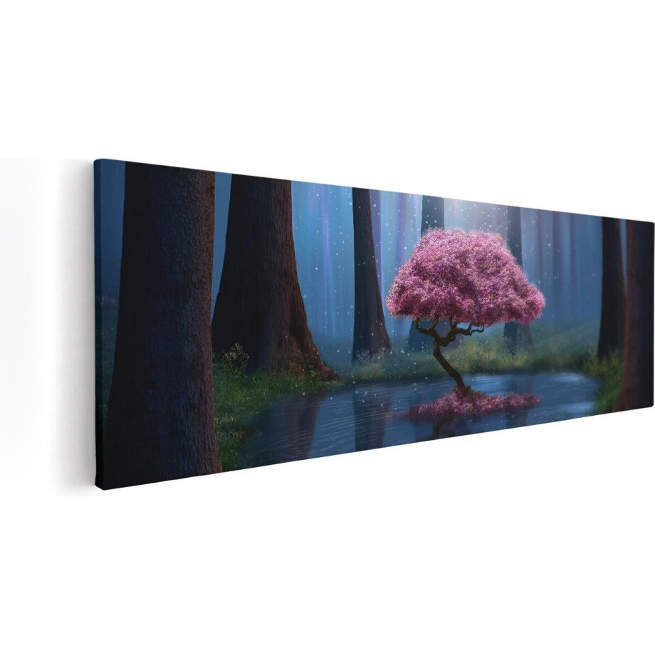 Artaza Canvas Schilderij Roze Boom Op Een Vijver In De Nacht - 120x40 - Groot - Foto Op Canvas - Canvas Print afbeelding 1