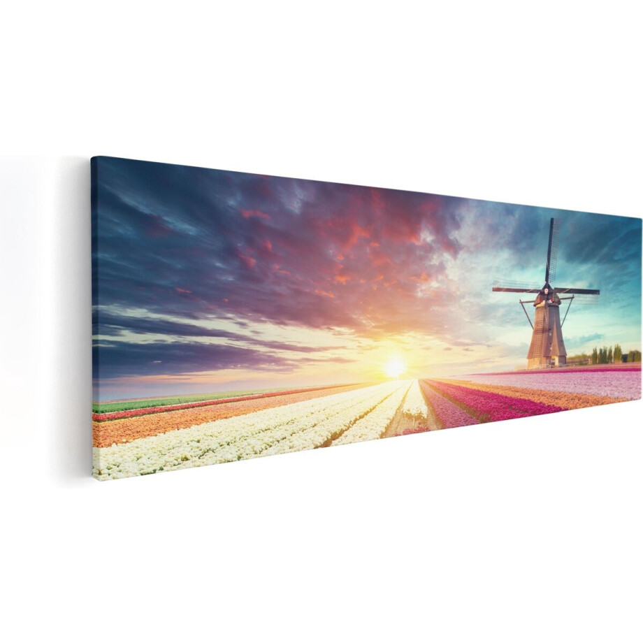 Artaza Canvas Schilderij Kleurrijke Tulpen Bloemenveld - Windmolen - 120x40 - Groot - Foto Op Canvas - Canvas Print afbeelding 1