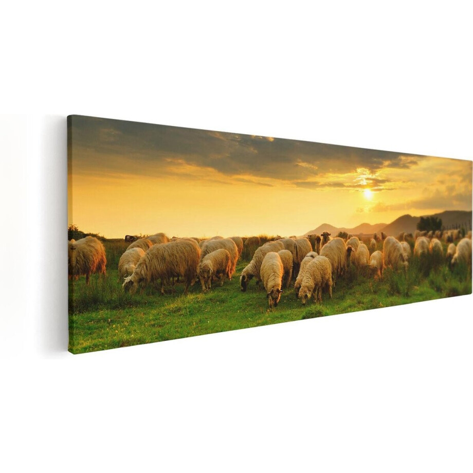 Artaza Canvas Schilderij Kudde Schapen op het Gras bij Zonsondergang - 90x30 - Foto Op Canvas - Canvas Print afbeelding 1
