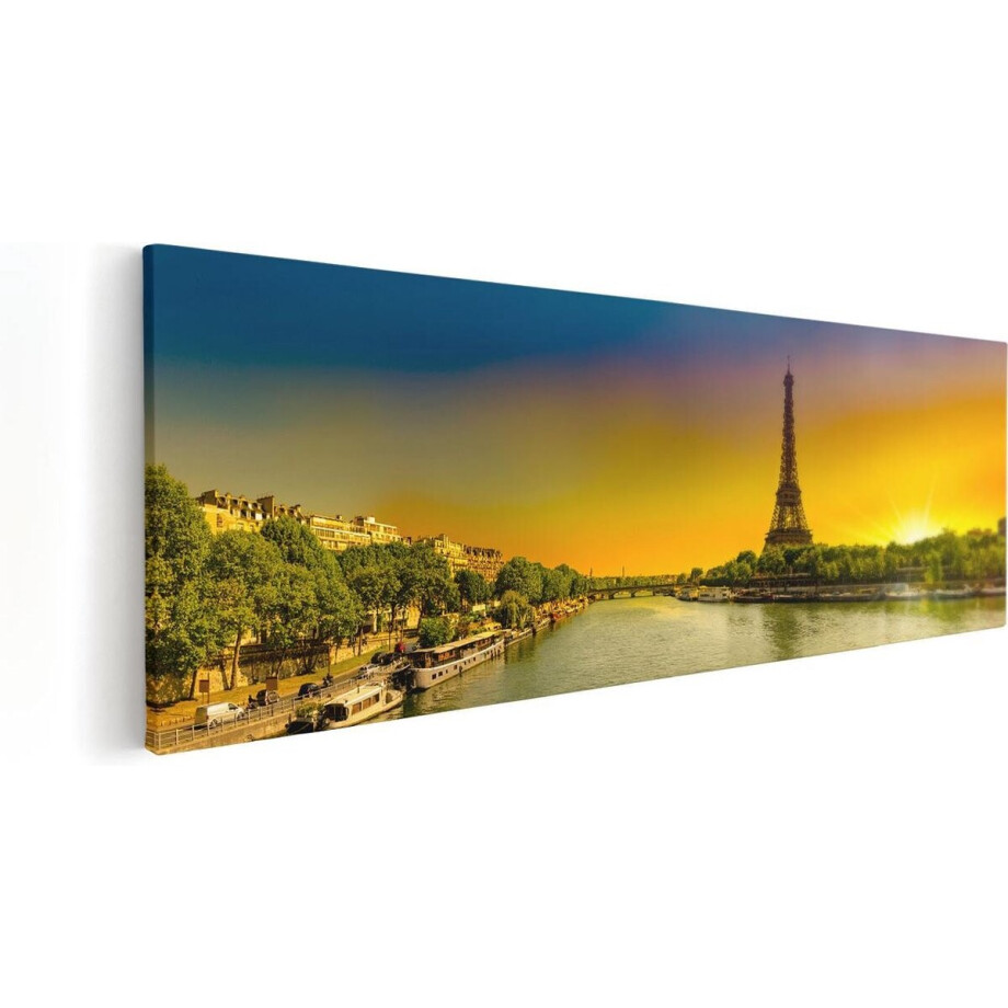 Artaza Canvas Schilderij Eiffeltoren - 120x40 cm - Groot - Wanddecoratie Parijs - Muurdecoratie Zonsondergang - Decoratie Skyline afbeelding 1