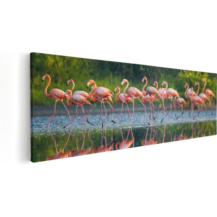 Artaza Canvas Schilderij Kudde Flamingo's op het Water - 90x30 - Foto Op Canvas - Canvas Print afbeelding 1