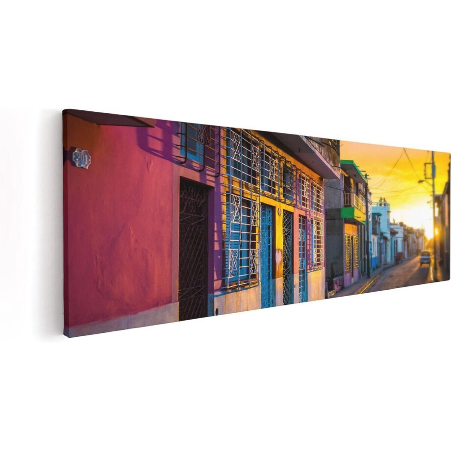Artaza Canvas Schilderij Cuba Kleurrijke Huisjes bij Zonsondergang - 60x20 - Foto Op Canvas - Canvas Print afbeelding 1