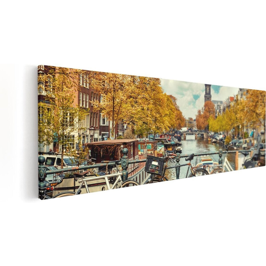 Artaza Canvas Schilderij Grachten Amsterdam - 60x20 cm - Wanddecoratie Herfst - Muurdecoratie Fiets - Kamer Accessoires Woonkamer afbeelding 1