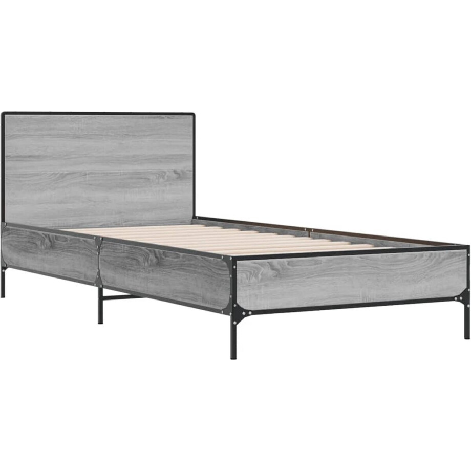 vidaXL - Bedframe - bewerkt - hout - en - metaal - grijs - sonoma - eiken - 75x190 - cm afbeelding 1
