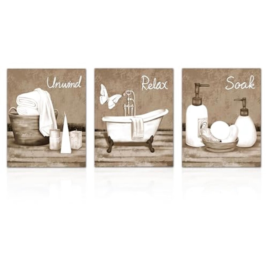 Ultiluxe® Badkamer Wanddecoratie - 3 Stuks - Canvas Poster - Badkamer Poster - 20 x 25 cm - Wanddecoratie Set - Vintage Design - Zonder Lijst - Beige Bruin afbeelding 1