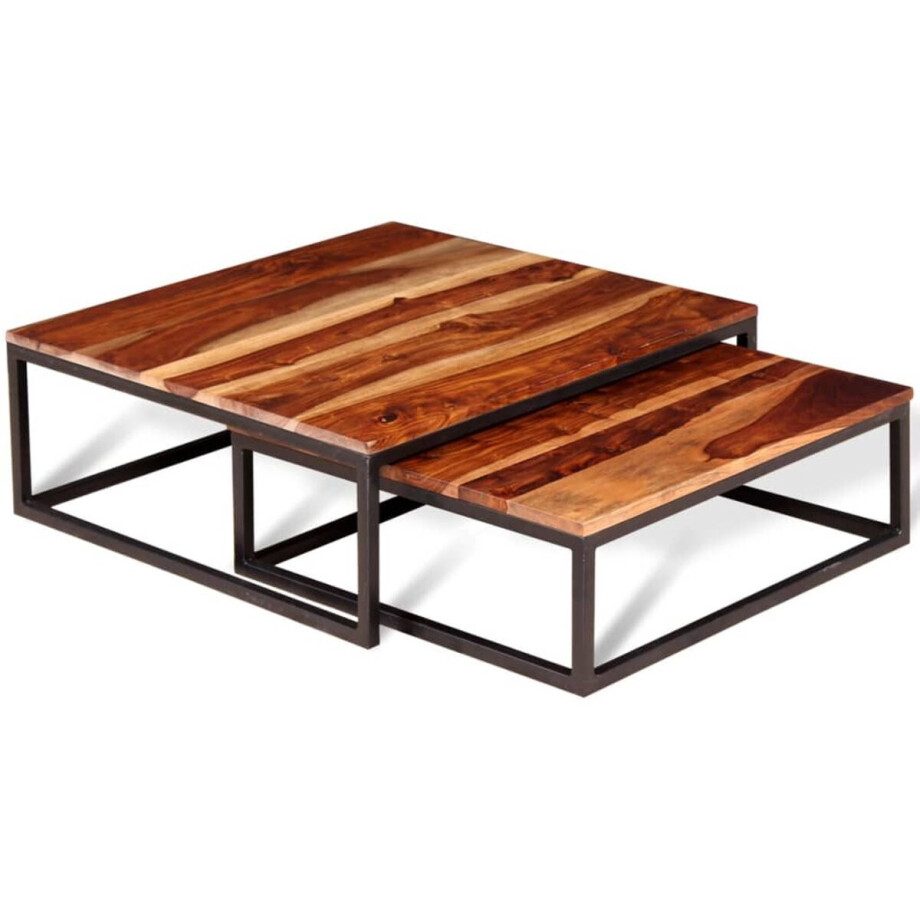 vidaXL Industrieel Meubilair - Retro Salontafeltjes - 2-delige Salontafelset massief acaciahout - Sheeshamhouten Tafel - Salontafel Set - Vintage Design afbeelding 1