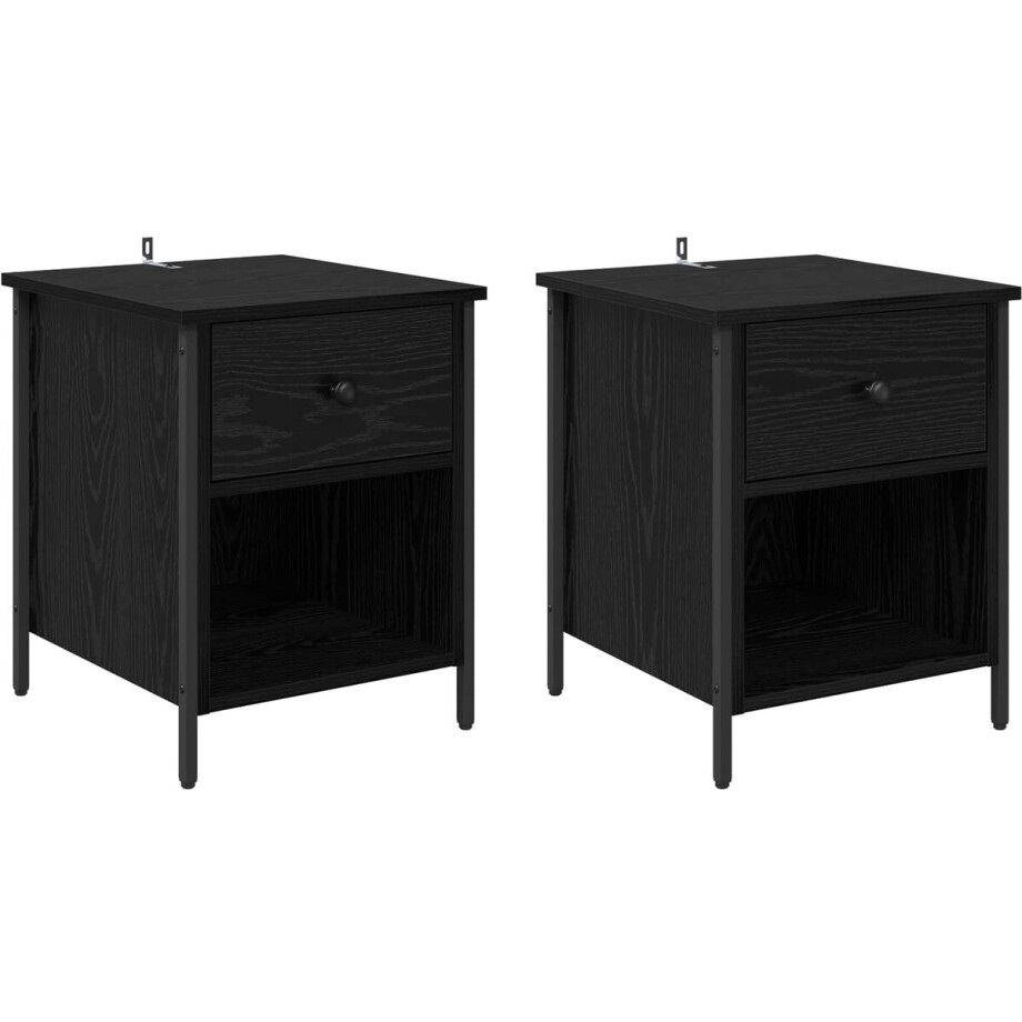 vidaXL - Nachtkastje - 2 - pcs - Zwart - Eiken - 40 - x - 42 - x - 50 - cm - Bewerkt - hout afbeelding 1