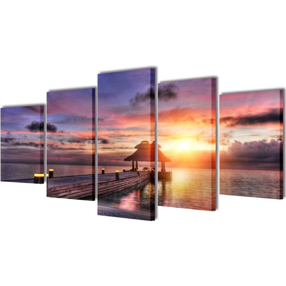 vidaXL - Canvas - muurdruk - set - zandstrand - met - paviljoen - 200 - x - 100 - cm afbeelding 1