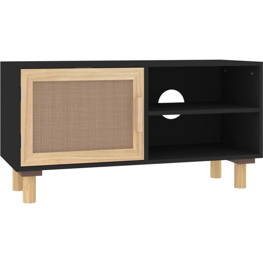 vidaXL - Tv-meubel - 80x30x40 - cm - massief - grenenhout - en - rattan - zwart afbeelding 1