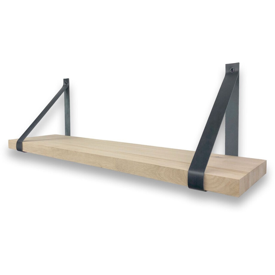 Eiken wandplank massief recht 80 x 25 cm met leren riemen zwart - Eikenhouten wandplank - Wandplank - Leren plankdragers - Fotoplank afbeelding 1