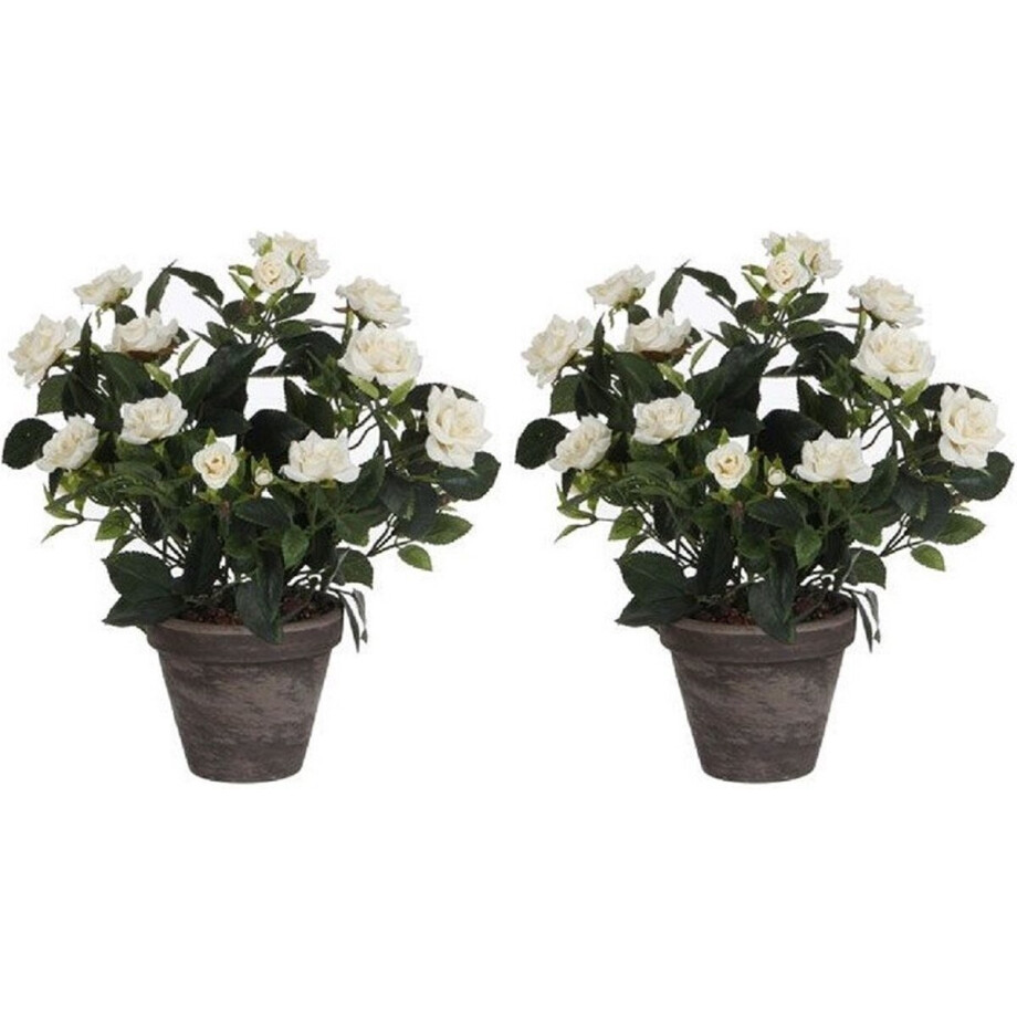 Mica Decorations Kunstplant - 2x - rozen - wit - in grijze pot - 33 cm afbeelding 1