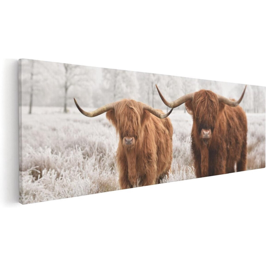 Artaza Canvas Schilderij Twee Schotse Hooglander Koeien In De Wei - 60x20 cm - Wanddecoratie Woonkamer - Schilderijen - Muurdecoratie afbeelding 1