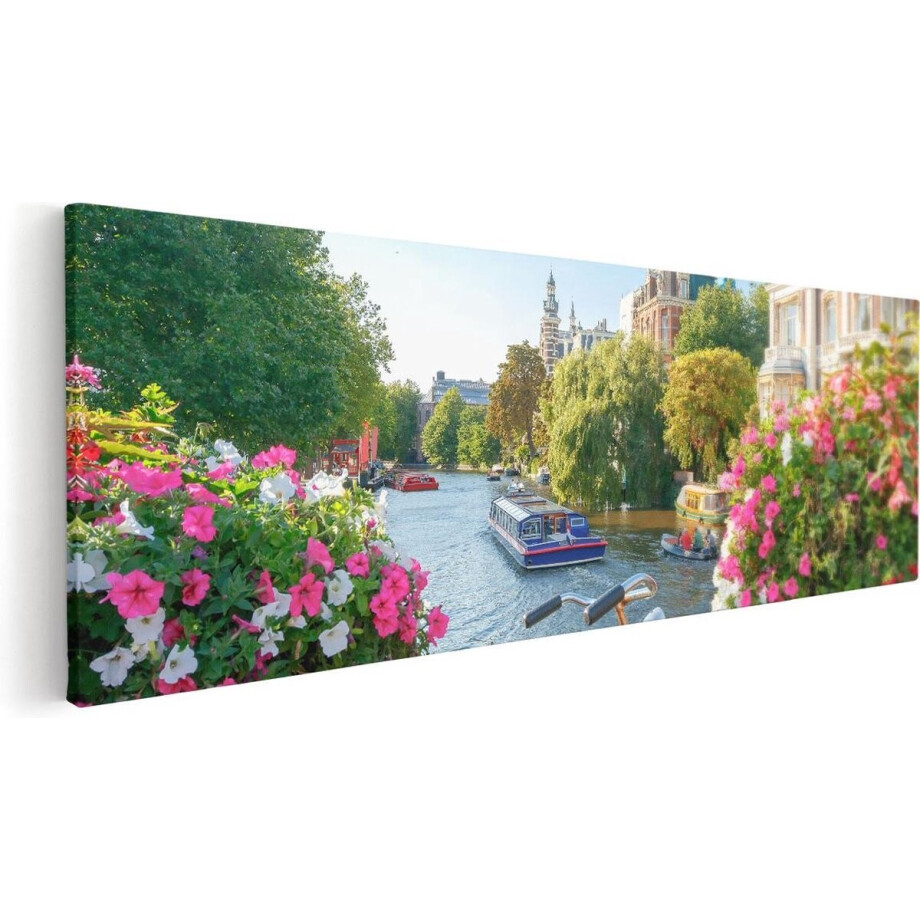 Artaza Canvas Schilderij Amsterdam - 90x30 cm - Wanddecoratie Grachten - Muurdecoratie Bloemen - Schilderijen Op Canvas Fiets afbeelding 1