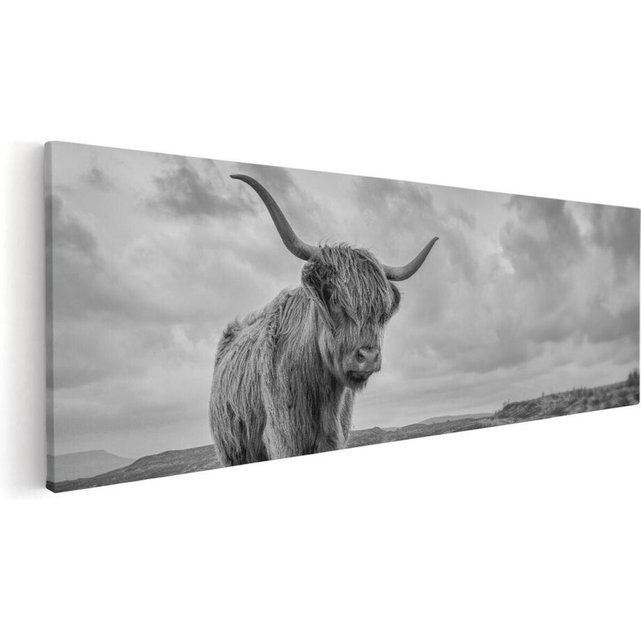 Artaza Canvas Schilderij Schotse Hooglander - 90x30 cm - Wanddecoratie Woonkamer - Muurdecoratie Zwart Wit - Schilderijen Op Canvas afbeelding 1