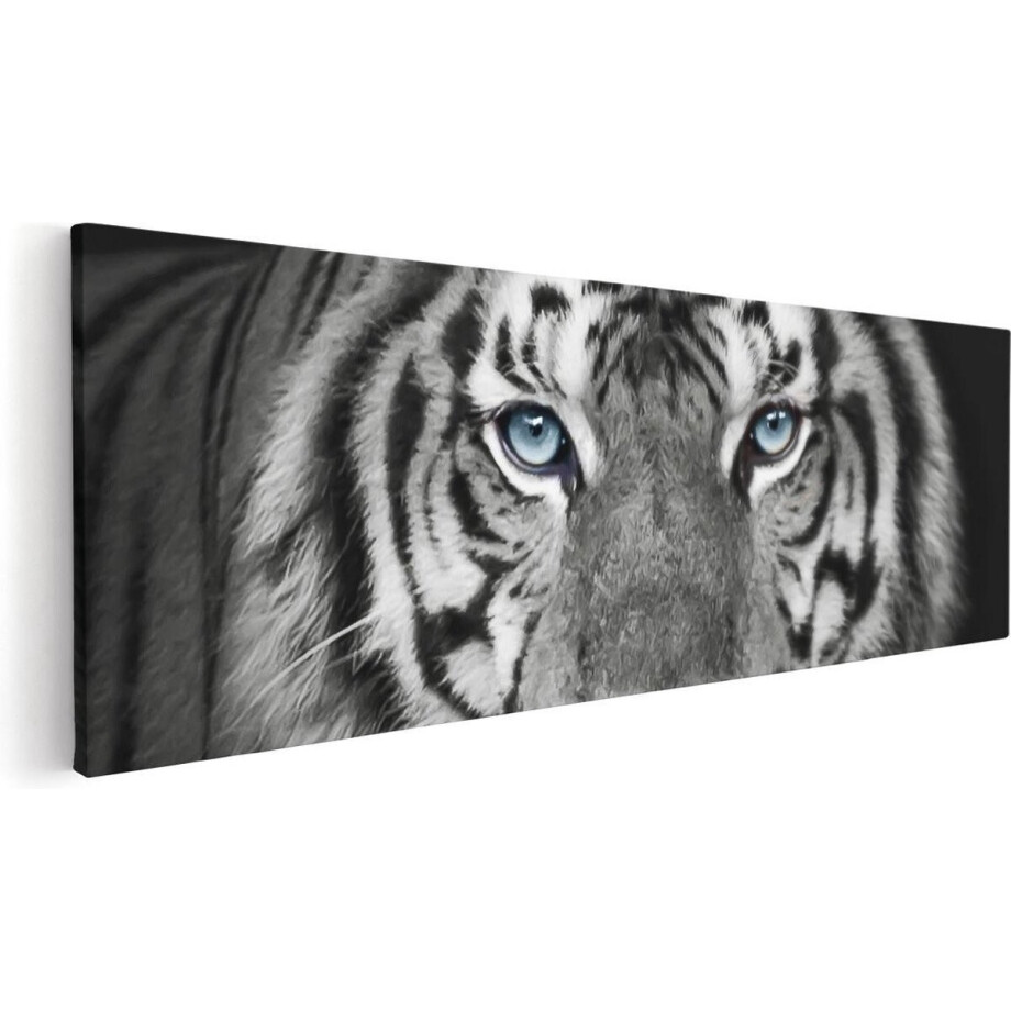 Artaza Canvas Schilderij Tijgerkop Met Blauwe Ogen - Zwart Wit - 120x40 cm - Groot - Wanddecoratie Woonkamer - Schilderijen - Muurdecoratie afbeelding 1
