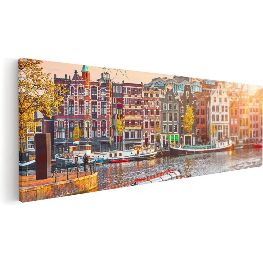 Artaza Canvas Schilderij Amsterdam - 120x40 cm - Groot - Wanddecoratie Grachten - Muurdecoratie Skyline - Schilderijen Op Canvas Zonsondergang afbeelding 1