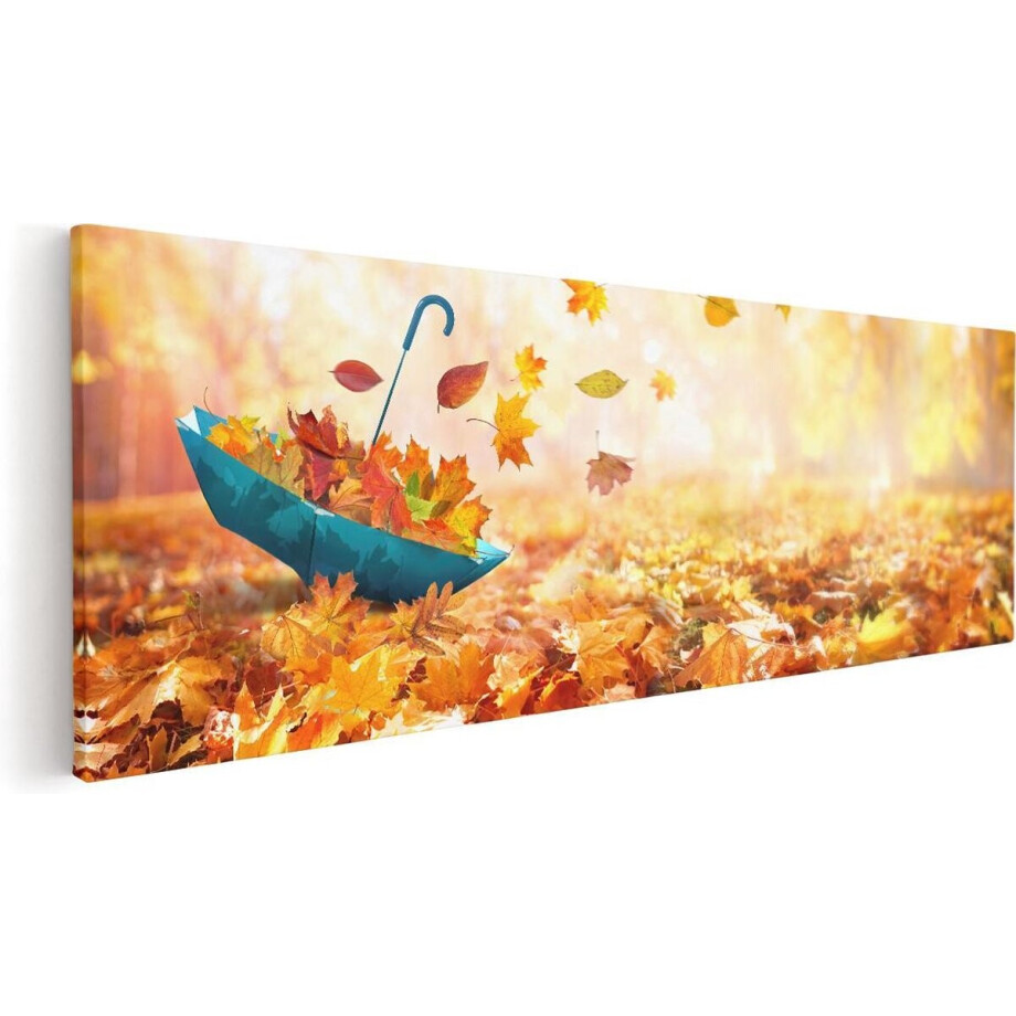 Artaza Canvas Schilderij Herfst - 90x30 cm - Wanddecoratie Herfstbladeren - Muurdecoratie Paraplu - Schilderijen Op Canvas afbeelding 1