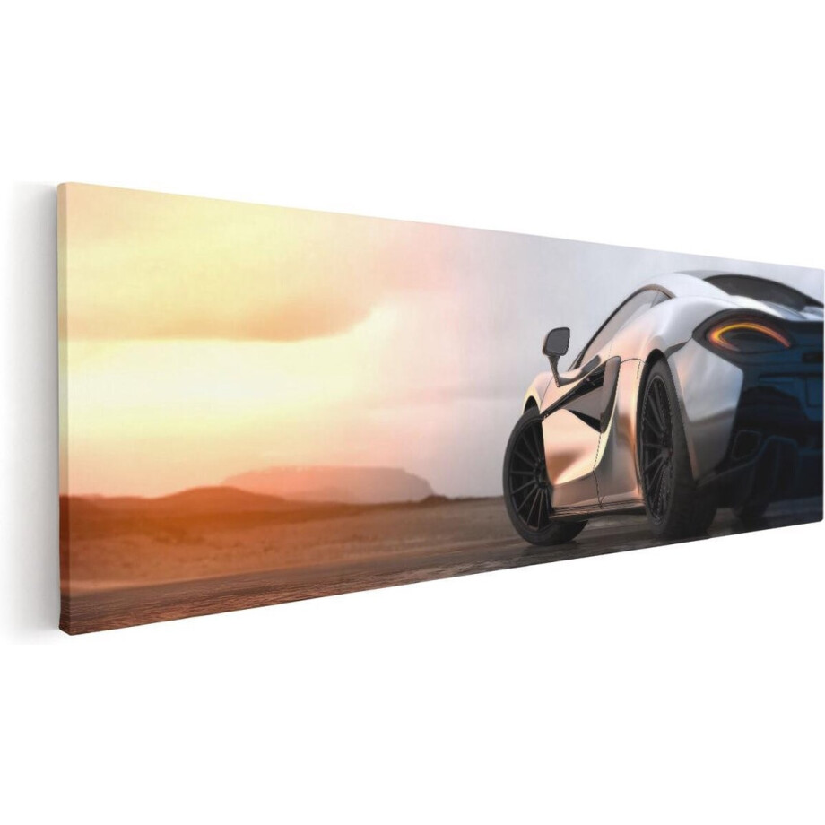 Artaza Canvas Schilderij Zilveren Sportwagen Auto Bij Zonsondergang - 120x40 - Groot - Foto Op Canvas - Canvas Print afbeelding 1