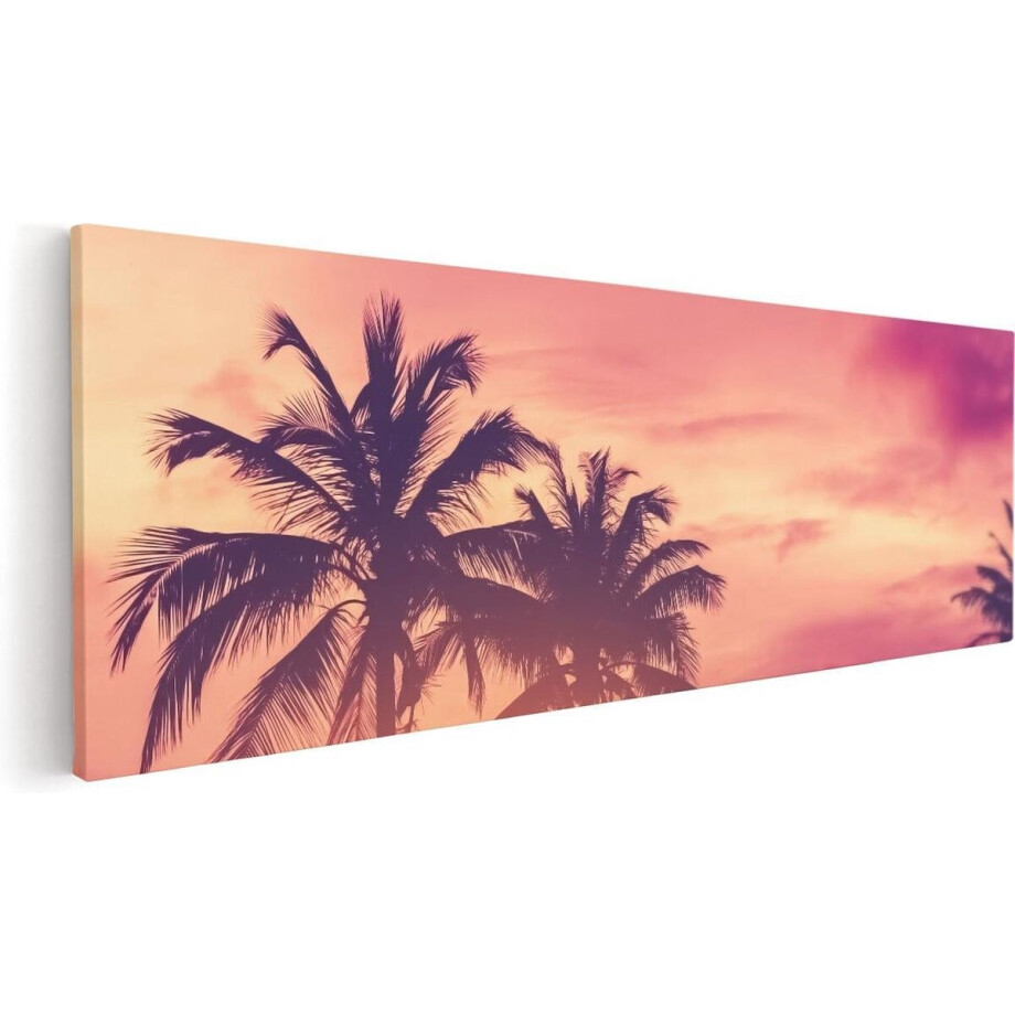 Artaza Canvas Schilderij Zonsondergang Strand - 60x20 cm - Wanddecoratie Palmboom - Muurdecoratie Zee - Kamer Accessoires afbeelding 1