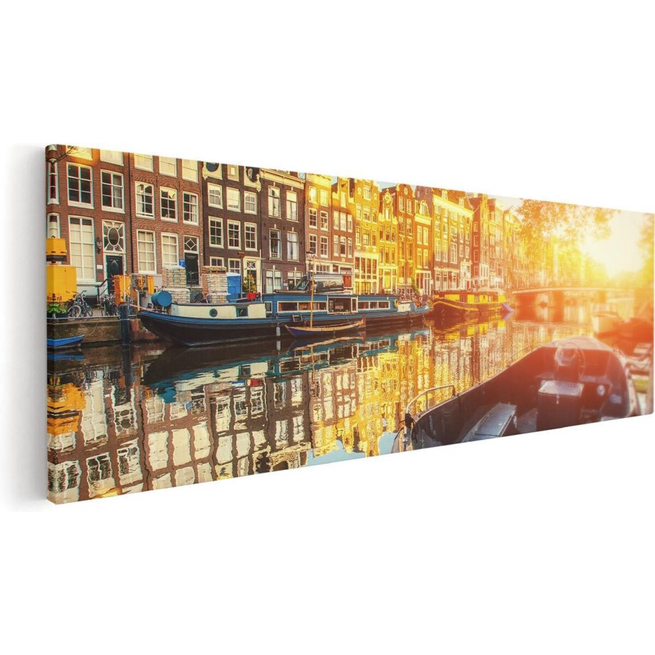 Artaza Canvas Schilderij Amsterdam - 120x40 cm - Groot - Wanddecoratie Grachten - Muurdecoratie Zonsondergang - Schilderijen Op Canvas Boot afbeelding 1