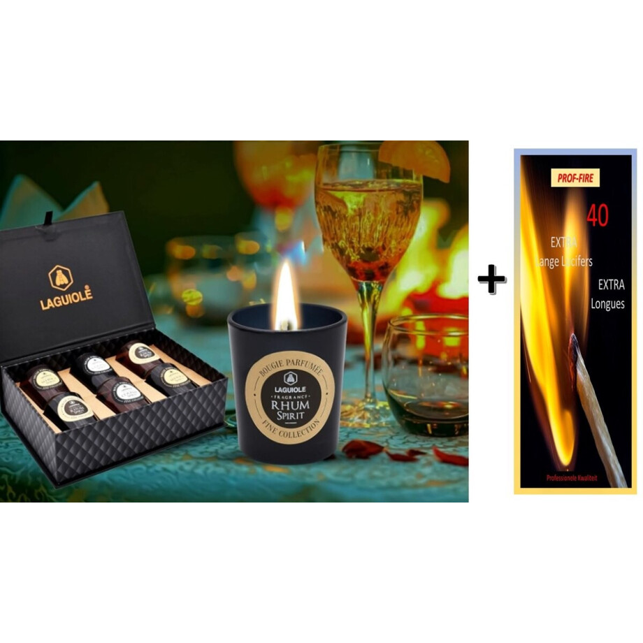 Prof-Fire | Laguiole 6 Geurkaarsen in Geschenkdoos - Heerlijke Geur Whisky - Cognac - Rum + 1 Doos met 40 Extra Lange Lucifers van 20 cm Topper!! afbeelding 1