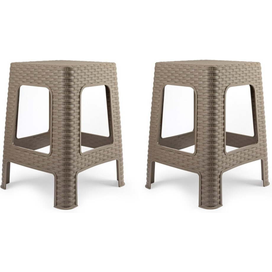 Plasticforte zit/bijzet krukje - 2x - Rotan line - taupe - kunststof - 36 x 36 x 45 cm - opstapje afbeelding 1
