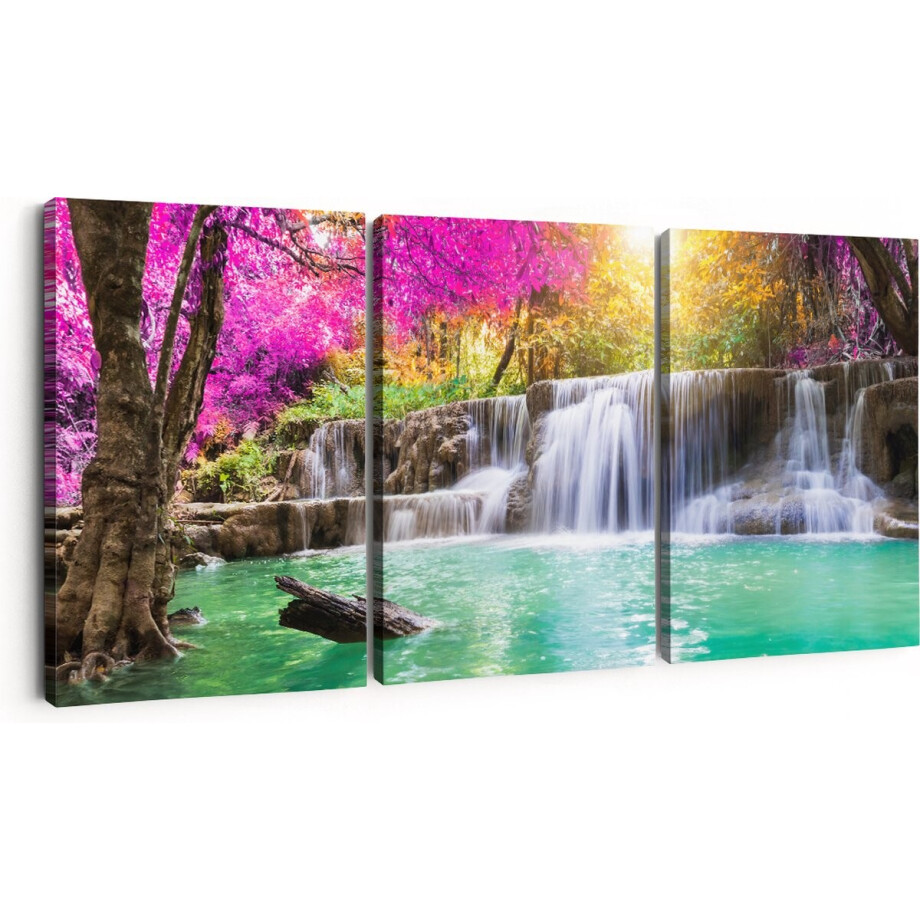 Artaza Canvas Schilderij Drieluik Waterval Met Groen Water En Roze Bladeren - 90x40 - Foto Op Canvas - Canvas Print afbeelding 1