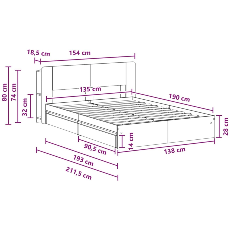 vidaXL - Bedombouw - met - opslag - Gerookt - eiken - 135 - x - 190 - cm - Bewerkt - hout afbeelding 1