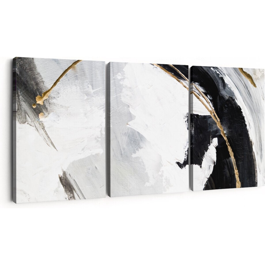Artaza Canvas Schilderij Drieluik Abstracte Kunst - Wit met Zwart en Goud - 180x80 - Groot - Foto Op Canvas - Canvas Print afbeelding 1