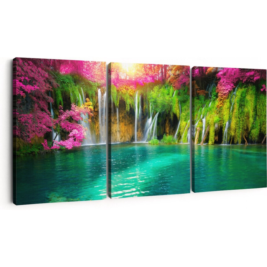 Artaza Canvas Schilderij Drieluik Waterval Met Roze En Groene Bloemen - 180x80 - Groot - Foto Op Canvas - Canvas Print afbeelding 1