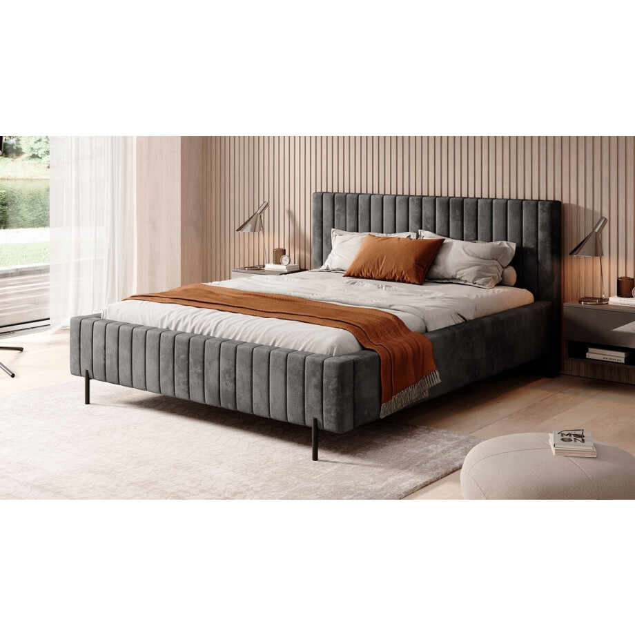 Meubella - Tweepersoonsbed Ventum - Donkergrijs velvet - 160x200 cm afbeelding 1