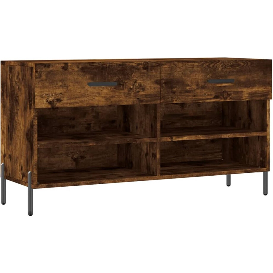 vidaXL - Schoenenbank - 102x35x55 - cm - bewerkt - hout - gerookt - eikenkleurig vidaXL - Schoenenbank - 102x35x55 - cm - bewerkt - hout - gerookt - eikenkleurig afbeelding 1
