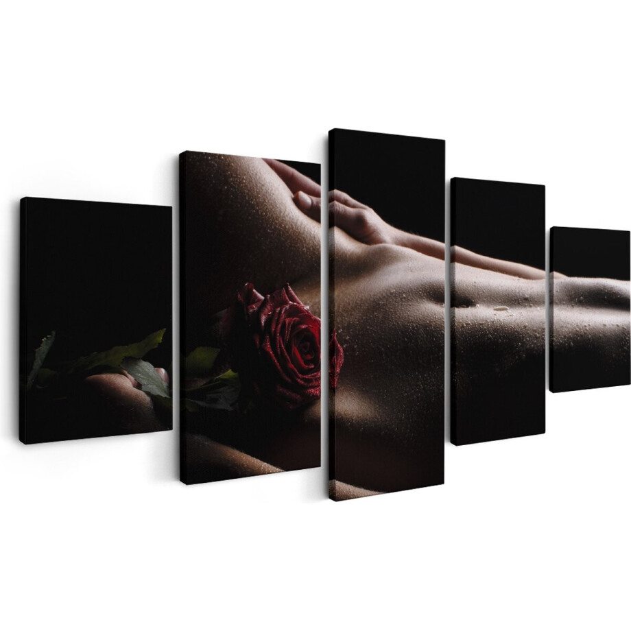 Artaza Canvas Schilderij Vijfluik Naakte Vrouwenlichaam met een Rode Roos - Erotiek - 150x80 cm - Wanddecoratie Woonkamer - Schilderijen - Muurdecoratie afbeelding 1