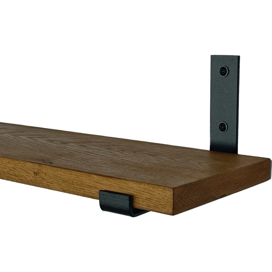 GoudmetHout - Massief eiken wandplank - 220 x 15 cm - Donker Eiken - Inclusief industriële plankdragers L-vorm UP mat zwart - lange boekenplank GoudmetHout - Massief eiken wandplank - 220 x 15 cm - Donker Eiken - Inclusief industriële plankdragers L-vorm UP mat zwart - lange boekenplank afbeelding 1