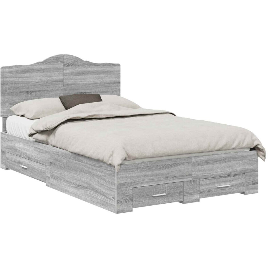 vidaXL - Bedframe - met - hoofdeinde - Grijs - Sonoma - 135 - x - 190 - cm - Bewerkt - hout afbeelding 1
