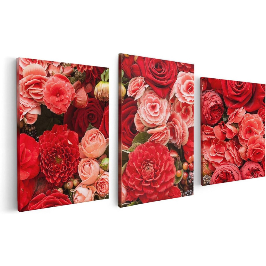 Artaza Canvas Schilderij Drieluik Rode En Roze Bloemen Met Fruit - Abstract - 120x60 - Foto Op Canvas - Canvas Print afbeelding 1
