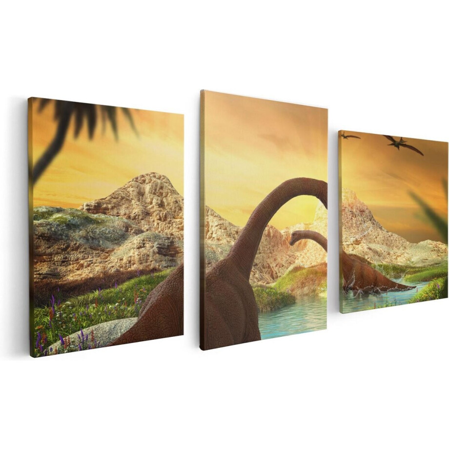 Artaza Canvas Schilderij Drieluik Dinosauriërs in het Water - Dino's - 120x60 - Foto Op Canvas - Canvas Print afbeelding 1