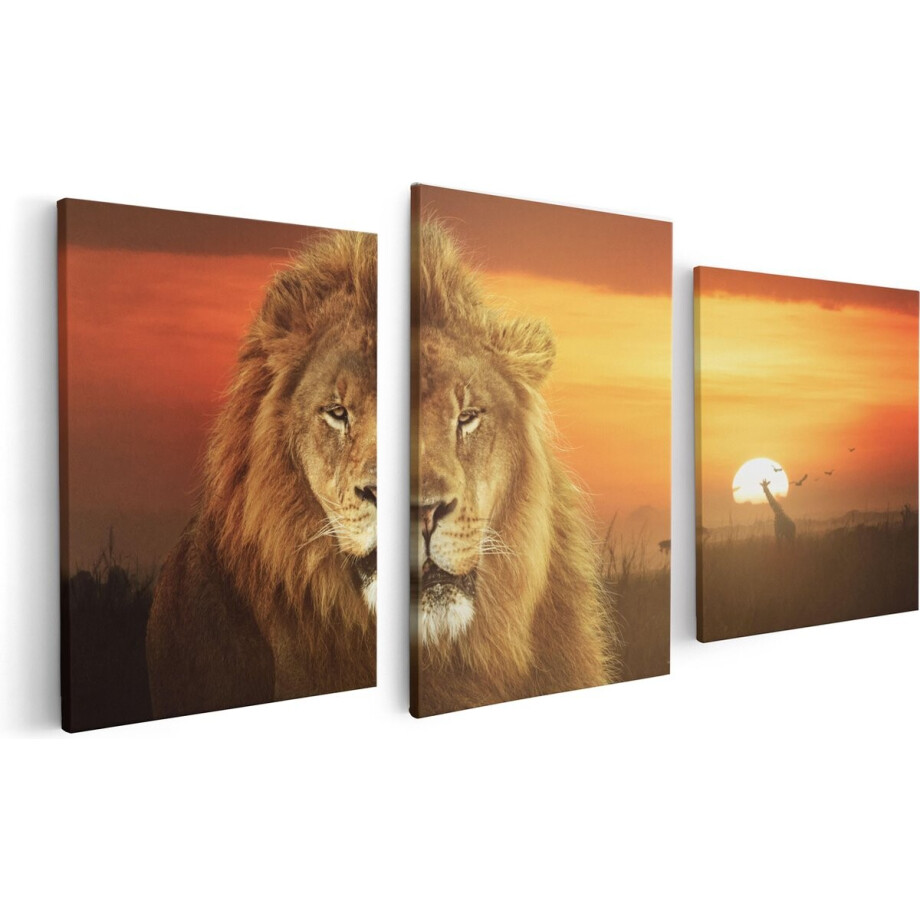 Artaza Canvas Schilderij Drieluik Leeuw In De Savanne - Zonsondergang - 120x60 - Foto Op Canvas - Canvas Print Artaza Canvas Schilderij Drieluik Leeuw In De Savanne - Zonsondergang - 120x60 - Foto Op Canvas - Canvas Print afbeelding 1