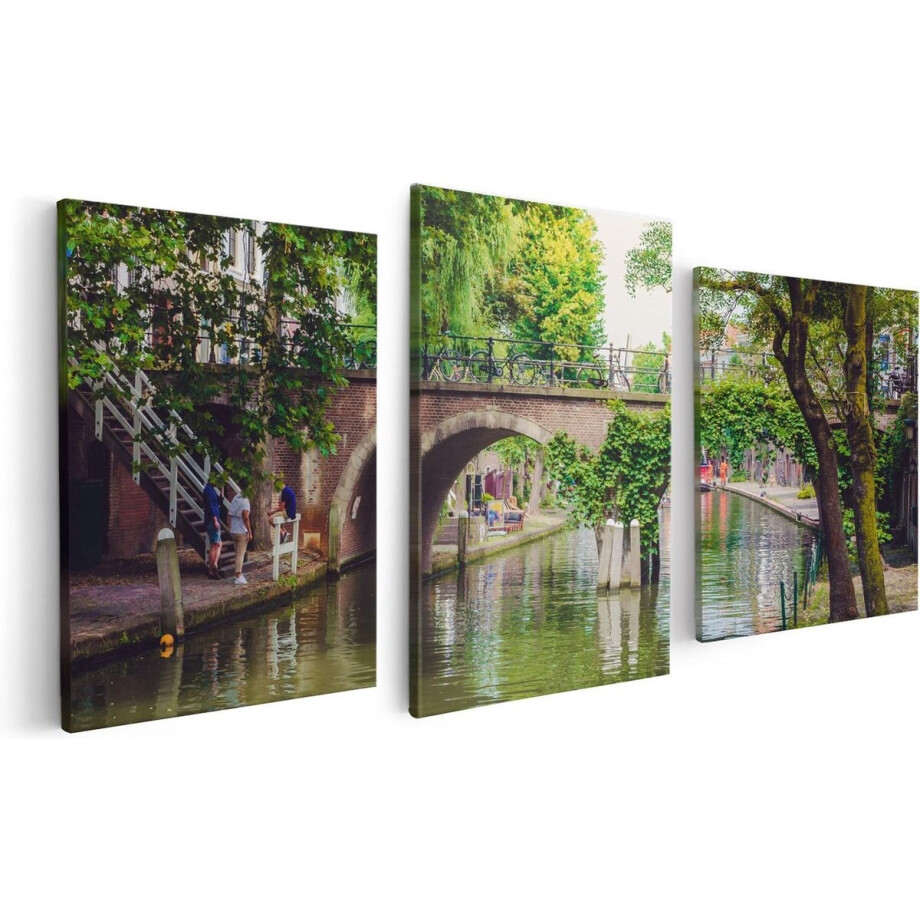 Artaza Canvas Schilderij Drieluik Dichtbegroeide Brug Op De Oudegracht In Utrecht - 120x60 - Foto Op Canvas - Canvas Print afbeelding 1