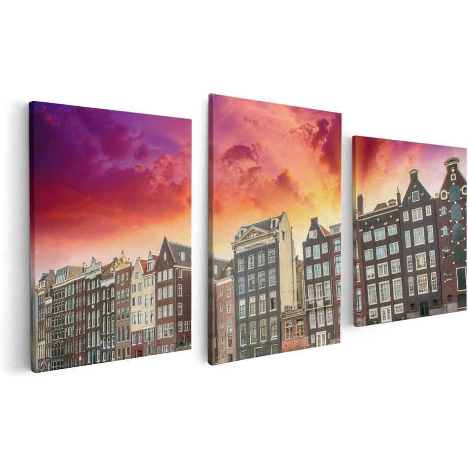 Artaza Canvas Schilderij Drieluik Amsterdamse Huisjes Bij Het Kanaal - Kleur - 120x60 - Foto Op Canvas - Canvas Print afbeelding 1