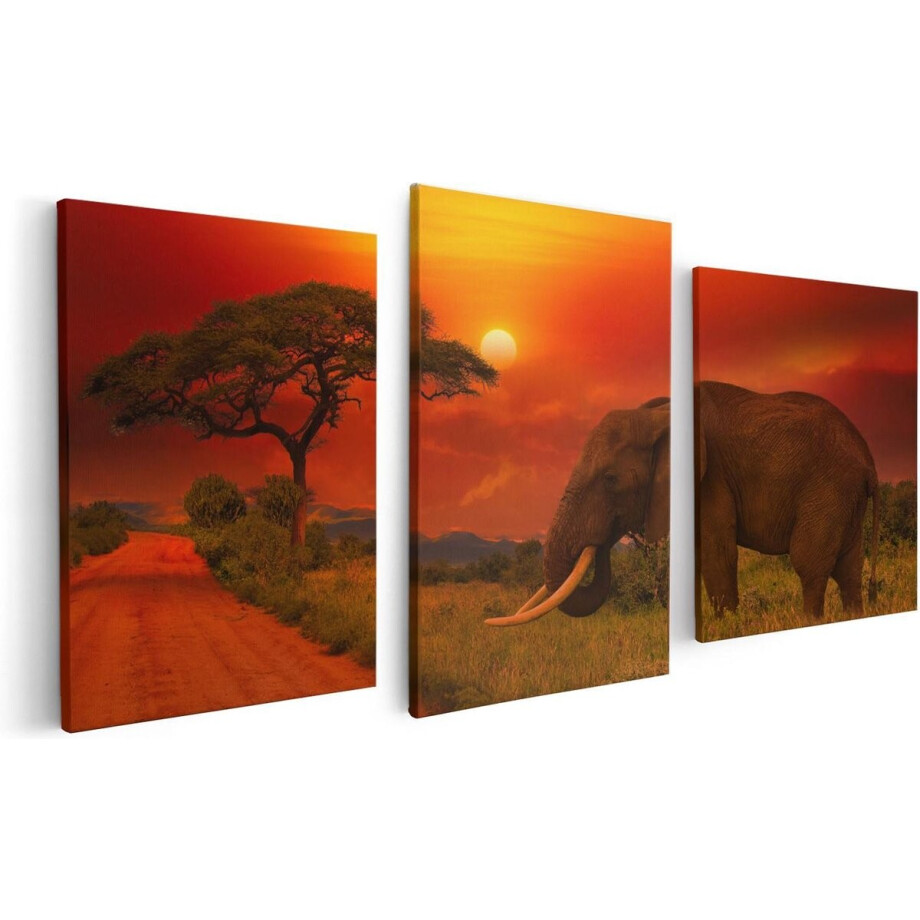 Artaza Canvas Schilderij Drieluik Olifant In Het Wild Tijdens Zonsondergang - 120x60 - Foto Op Canvas - Canvas Print afbeelding 1