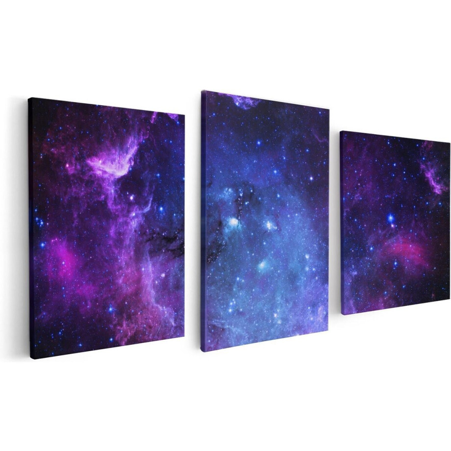 Artaza Canvas Schilderij Drieluik Ruimte in het Paars Blauw - 120x60 cm - Wanddecoratie Woonkamer - Schilderijen - Muurdecoratie afbeelding 1