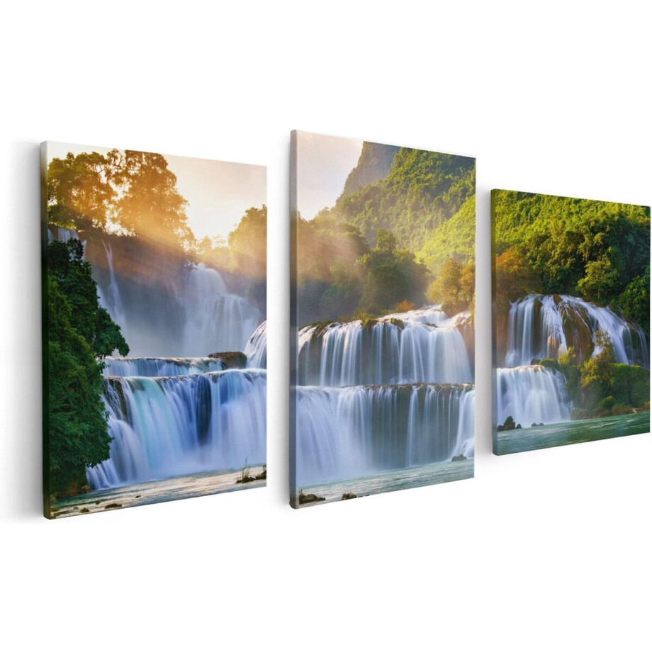 Artaza Canvas Schilderij Drieluik Watervallen Tussen De Bomen - 120x60 cm - Wanddecoratie Woonkamer - Schilderijen - Muurdecoratie afbeelding 1