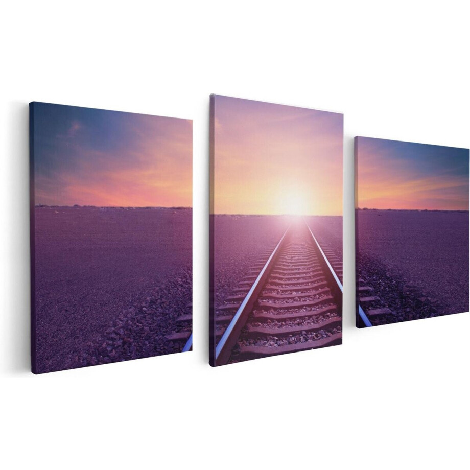 Artaza Canvas Schilderij Drieluik Rails Spoorweg In De Woestijn Bij Zonondergang - 120x60 - Foto Op Canvas - Canvas Print afbeelding 1