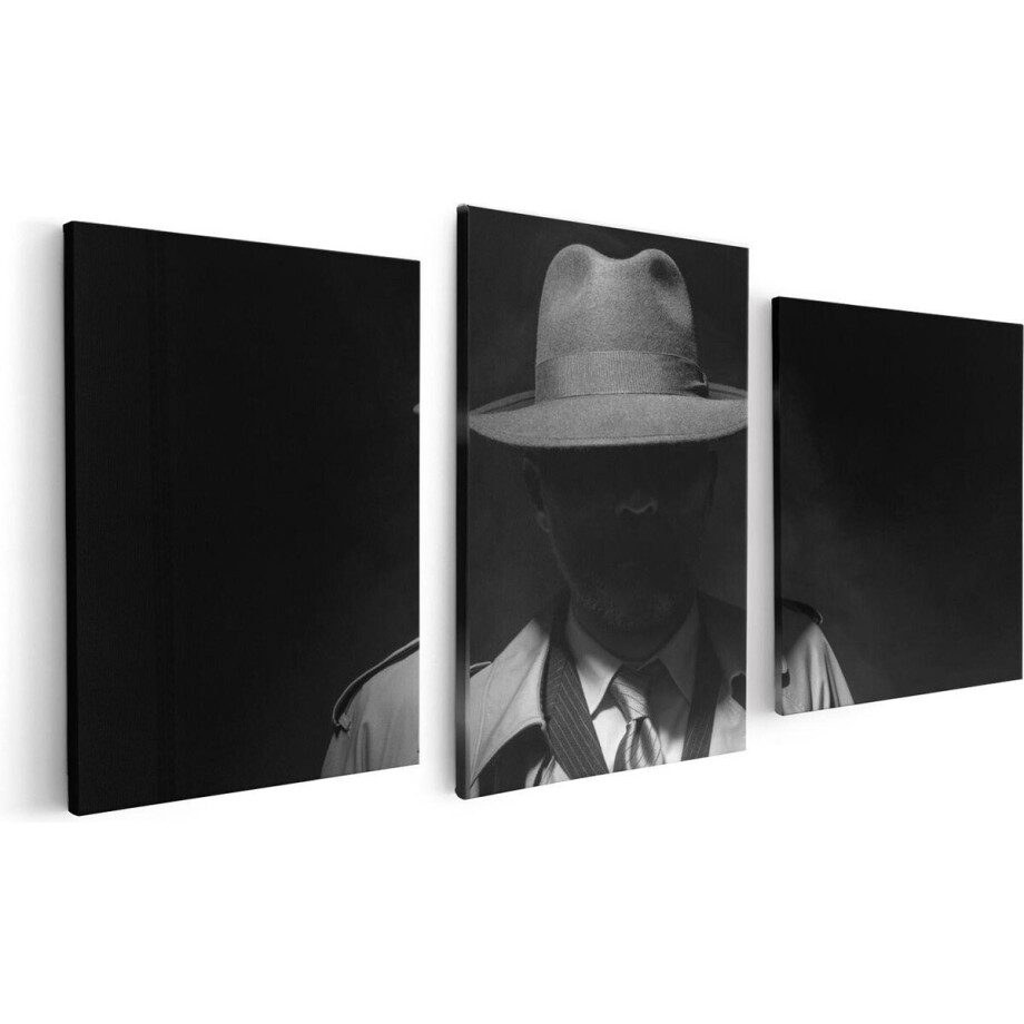 Artaza Canvas Schilderij Drieluik Man Met Een Hoedje In Het Donker - Zwart Wit - 120x60 - Foto Op Canvas - Canvas Print Artaza Canvas Schilderij Drieluik Man Met Een Hoedje In Het Donker - Zwart Wit - 120x60 - Foto Op Canvas - Canvas Print afbeelding 1