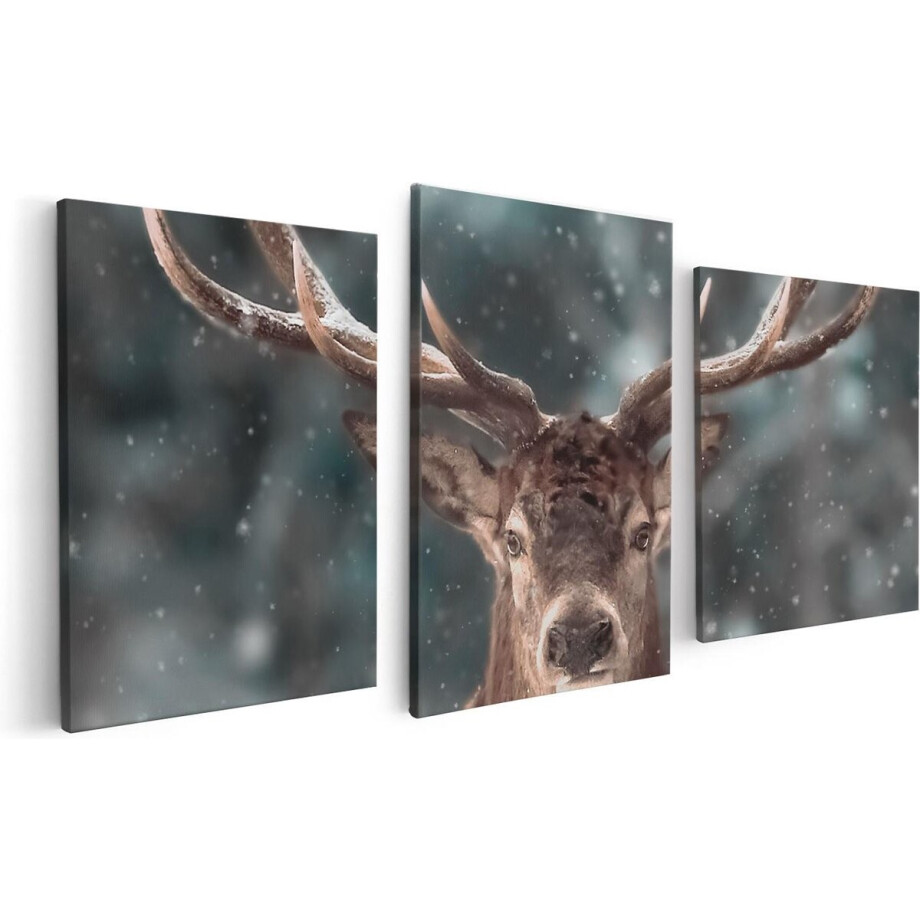 Artaza Canvas Schilderij Drieluik Hertenkop - Hert In De Sneeuw  - 120x60 - Foto Op Canvas - Canvas Print afbeelding 1